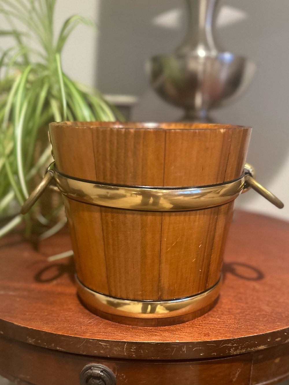 Vintage Kraftware NYC Wood Ice Bucket Brass Bands Nautical Barware MCM